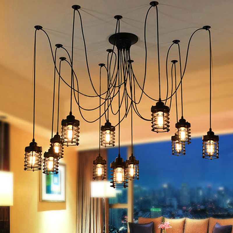 12 Heads Swag Pendant Lamp Farmhouse Bedroom Multi Light Ceiling Light with Cylinder Iron Cage in Black