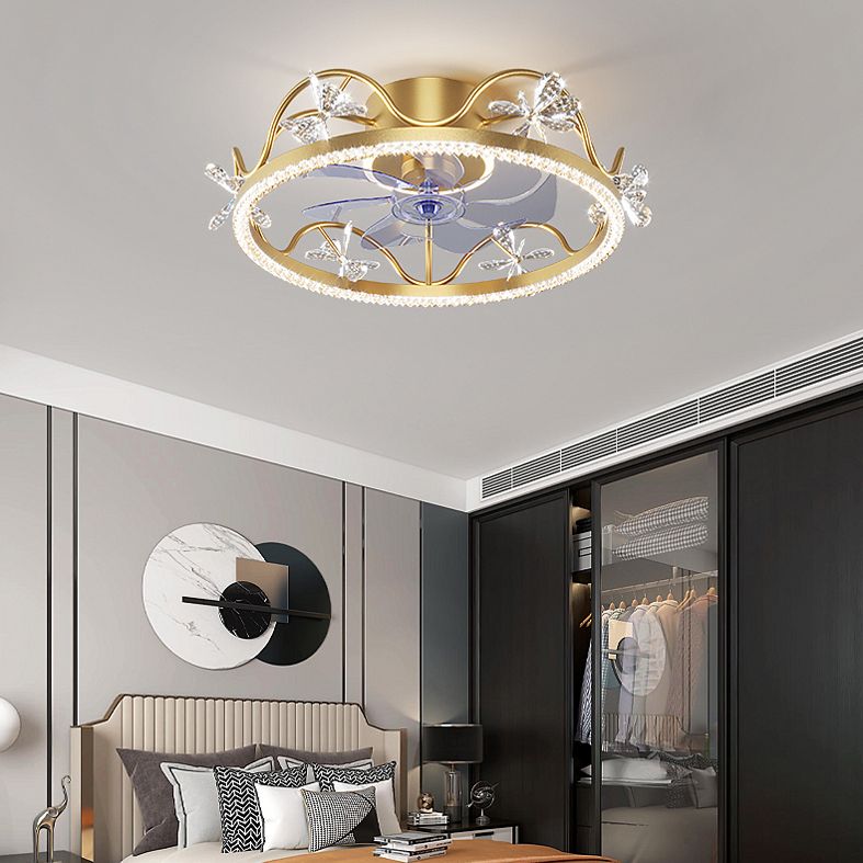 Crown Shaped Kids Bedroom Fan Lighting Metal Macaron LED Semi Flush Ceiling Light with Crystal Decor