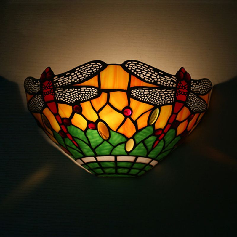 Bowl Shade Wall Light with Dragonfly Pattern 1 Light Rustic Stained Glass Sconce Lighting