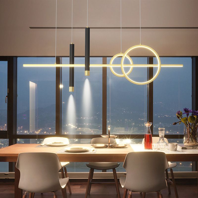 Modern Luxury LED Linear Island Pendant Light Wrought Iron Indoor Hanging Lamp with Silicone Shade