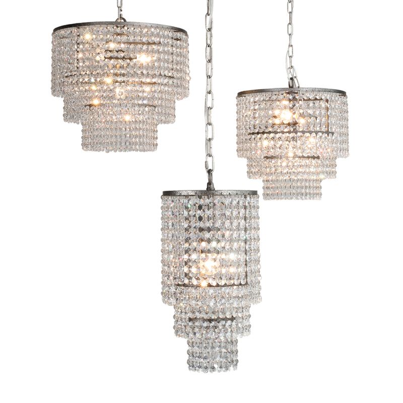 Chrome Tiered Round Chandelier Pendant Rustic Crystal Strand Living Room Hanging Light