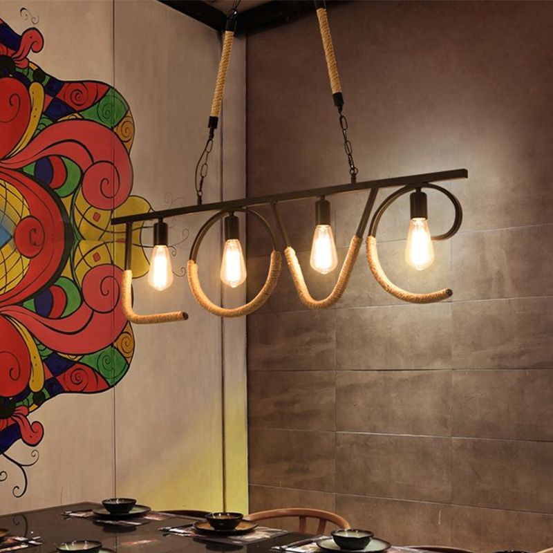 Open Bulb Metal and Rope Island Lamp with LOVE Design Industrial 4 Bulbs Restaurant Island Lighting in Beige