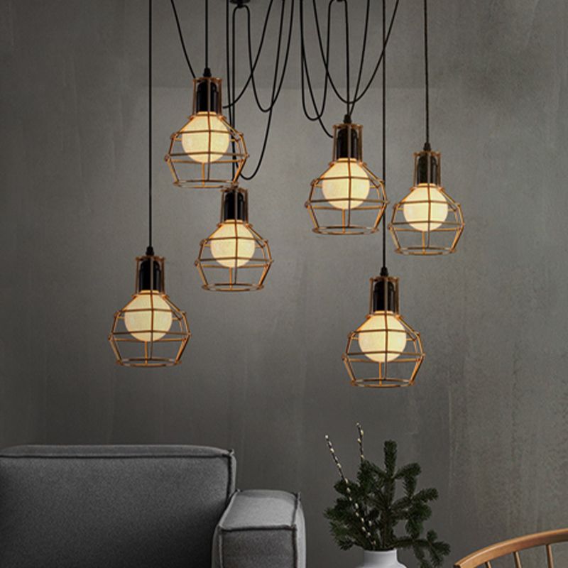6 Bulbs Spider Pendant Hanging Light with Wire Guard Industrial Style Black/Gold Iron Ceiling Lamp for Dining Room