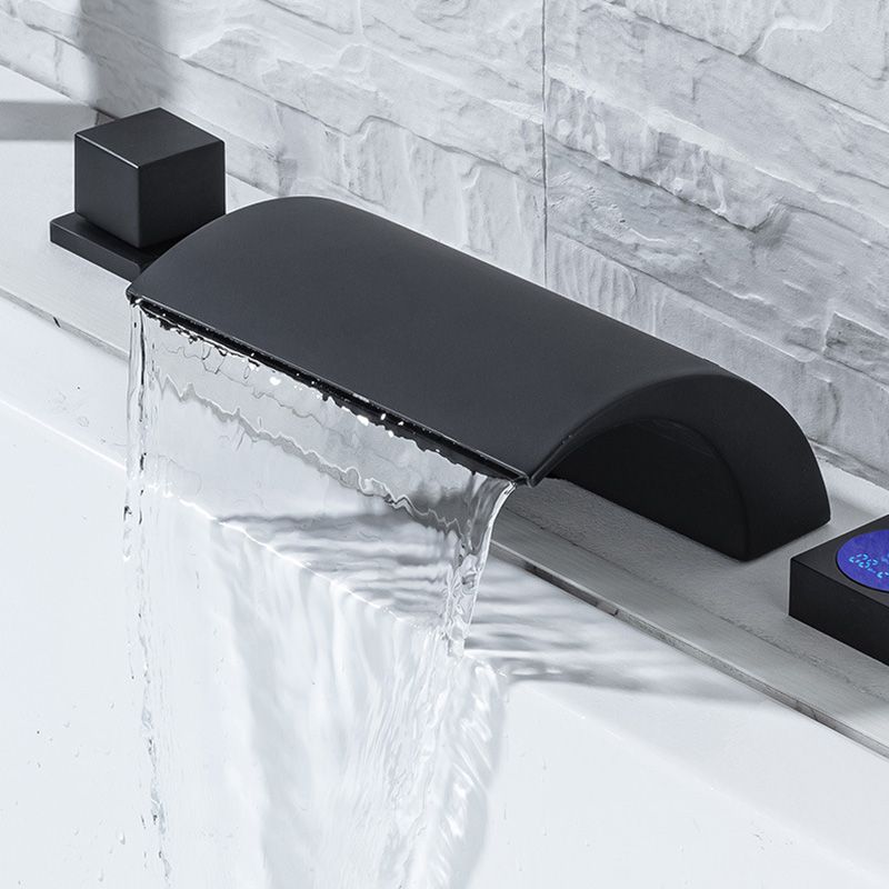 Modern Waterfall Tub Spout 2 Handles Deck Mount Roman Tub Faucet in Black and Chrome