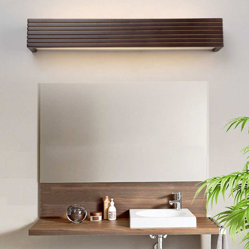 Linear Shade Wood Wall Sconce Modern 1-Light Mirror Wall Lighting Fixtures in Brown
