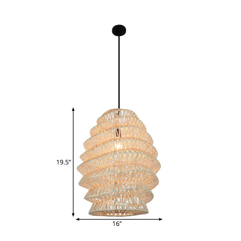 Rural Woven Lantern Pendulum Light Bamboo 1-Head Tea Room Hanging Lamp Kit in Beige