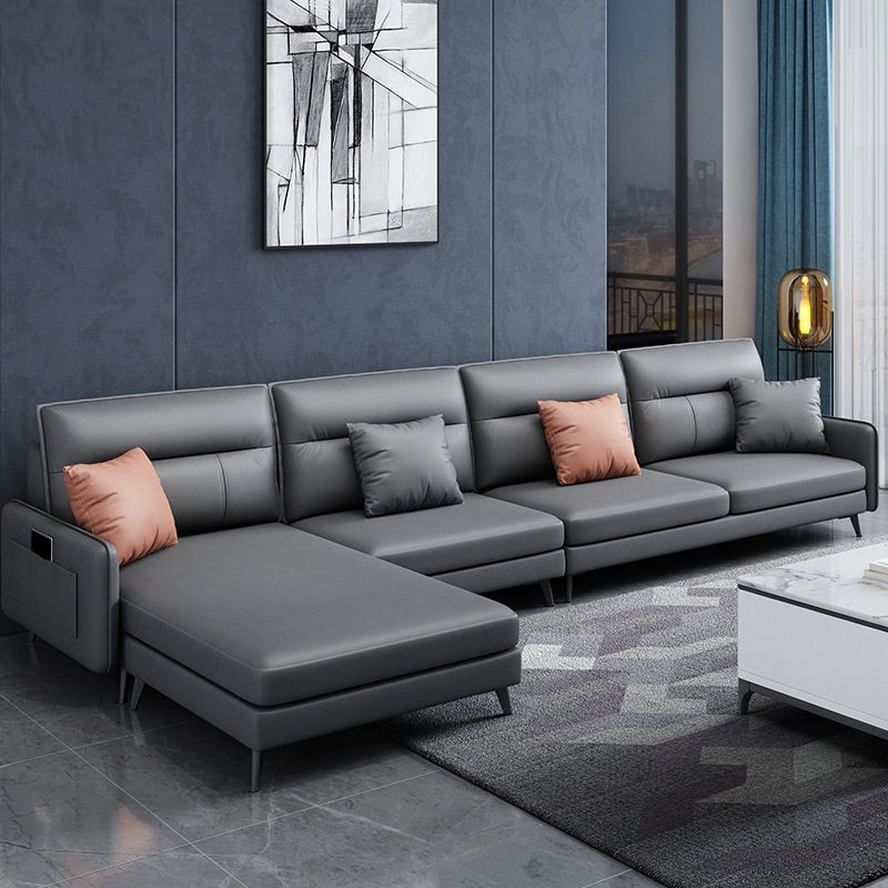 4-seat Sewn Pillow Back Sofa & Chaise Faux Leather Retro Sofa