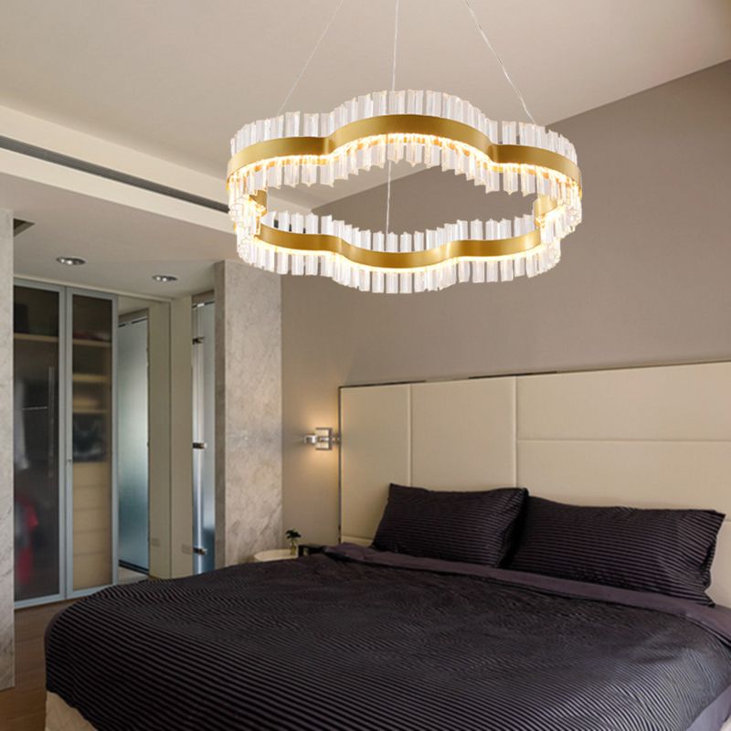 1/2 Tiers Flower Living Room Ceiling Chandelier Crystal 23.5"/31.5" Wide Led Minimalist Hanging Light Kit in Black/Gold