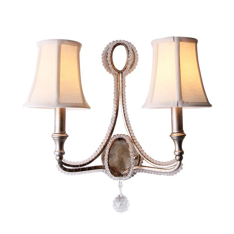 Retro Loft Fabric Wall Light Fixture 2 Heads Conical Sconce Light with Crystal Beaded Strand in Aged Silver