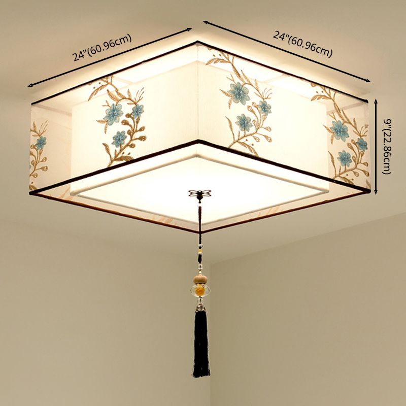 White Geometric Flush Mount in Traditional Concise Style Wrought Iron Ceiling Light with Fabric Shade