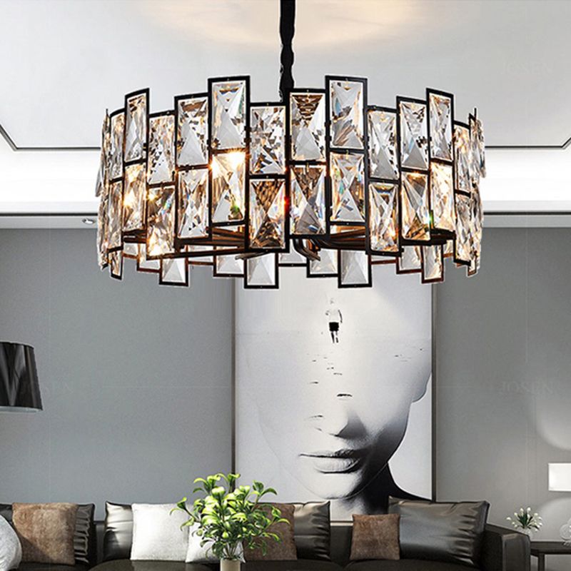 6-Light Living Room Chandelier Modern Black Pendant Light with Drum Crystal Shade