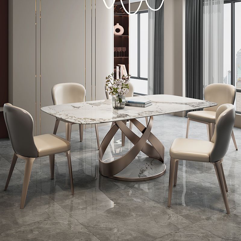 Modern Style Traditional Height Dining Set with Fixed Rectangle Shape Table and Gold Trestle Base