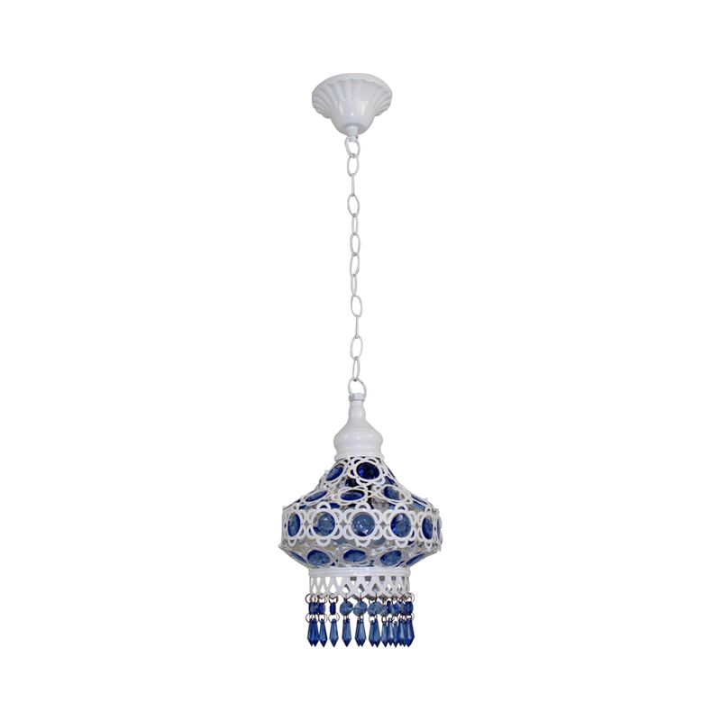 Lantern Metal Ceiling Pendant Bohemian 1 Light Living Room Hanging Ceiling Light in White/Blue