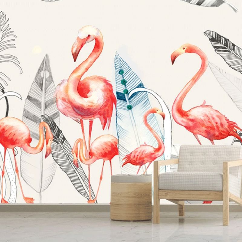 Waterproof Flamingo and Feather Mural Customized Elegant Wall Art for Accent Wall