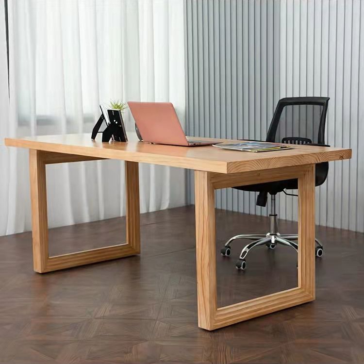 Rechthoek houten tafel in de natuur moderne dennenafel met dubbele voetstuk