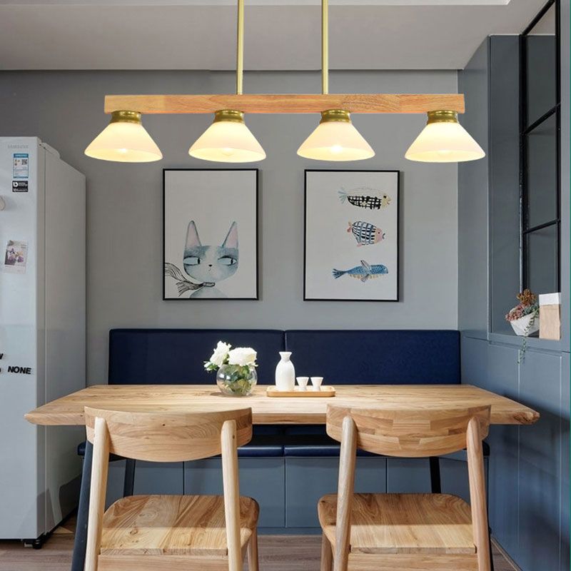 Wooden Cone Shade Island Chandelier 3/4 Heads Nordic Style Linear Pendant Light over Kitchen Island