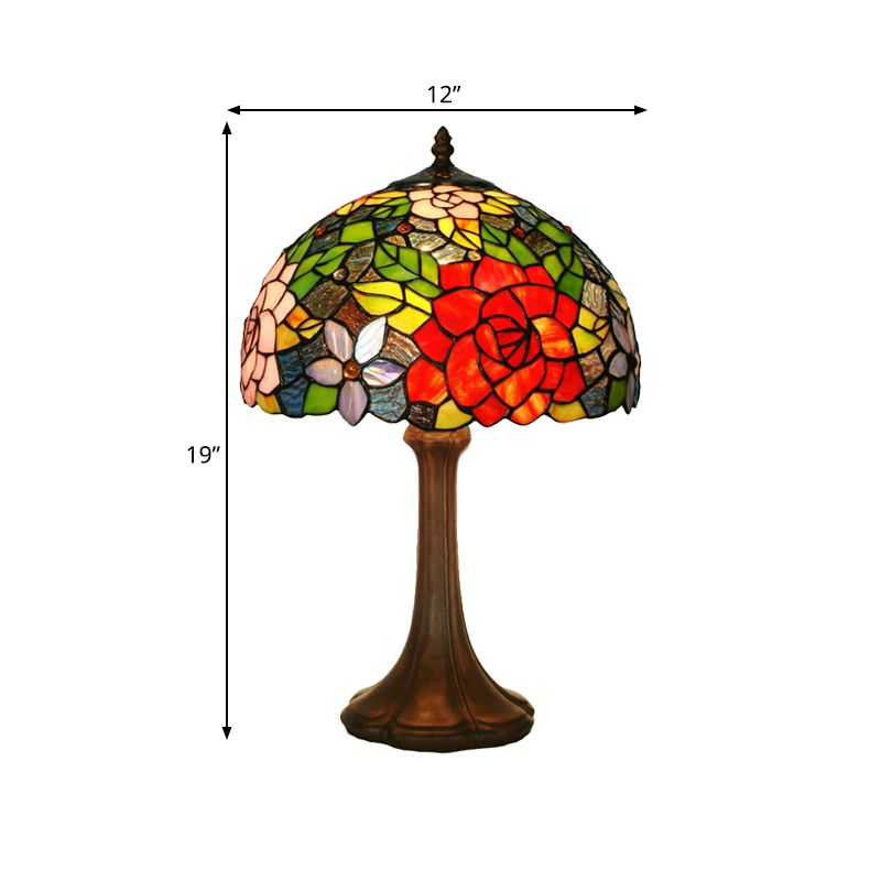 Hand-Cut Stained Glass Rose Table Light Victorian 1 Head Bronze Night Stand Lamp