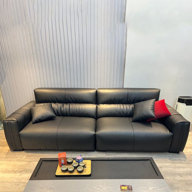 Black Genuine Leather Sofa Mid-Century Modern Square Arm Sofa