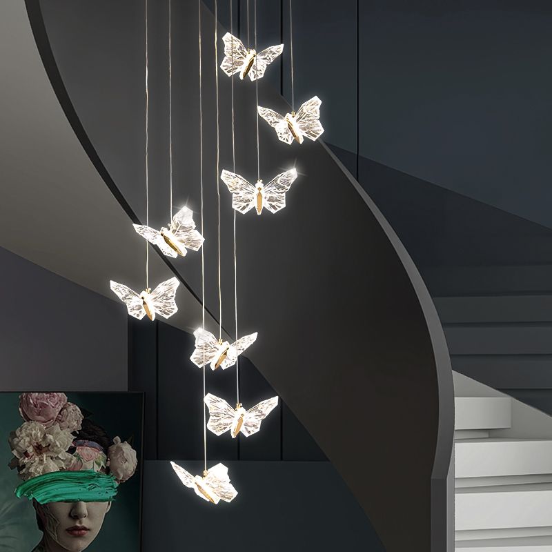 Brass Butterfly Hanging Lamp Minimalist LED Acrylic Pendant Ceiling Light for Duplex House