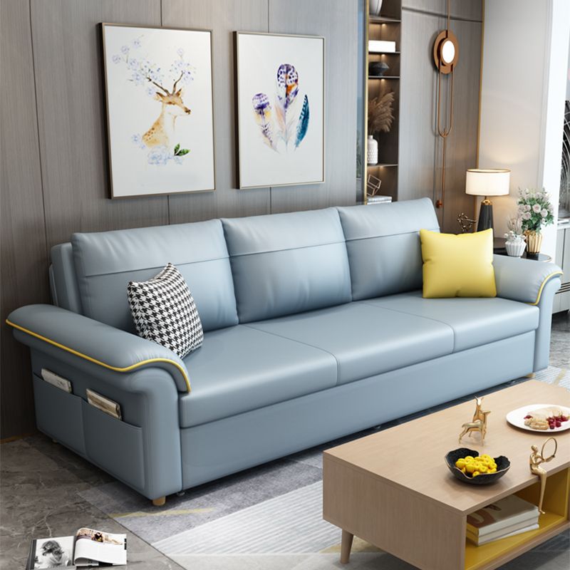 Blue Faux Leather Sleeper Sofa with Storage Scandinavian Sofa Bed