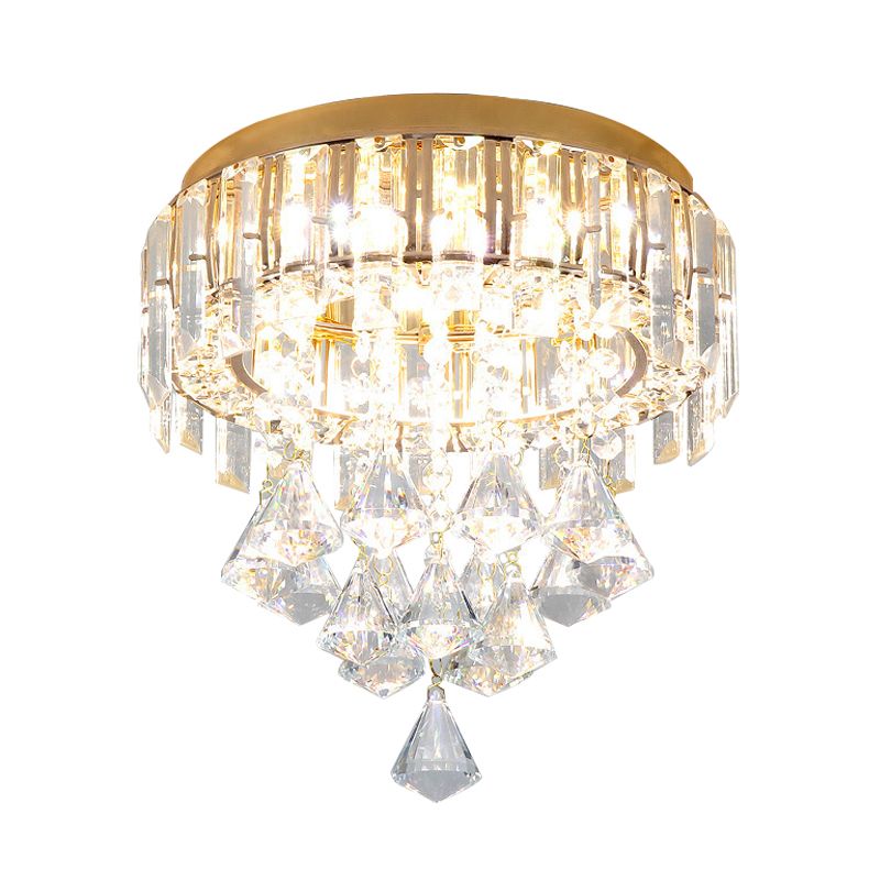 3 Heads K9 Crystal Ceiling Flush Light Contemporary Gold Circle Flushmount with Drape