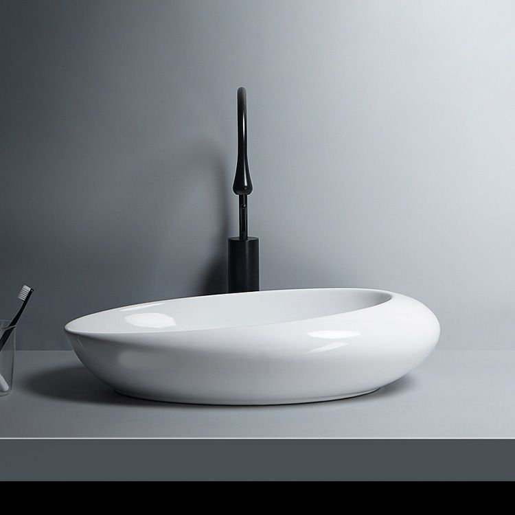 Modern Bathroom Sink Porcelain Oval-Shape Vessel Bathroom Sink with Pop-Up Drain