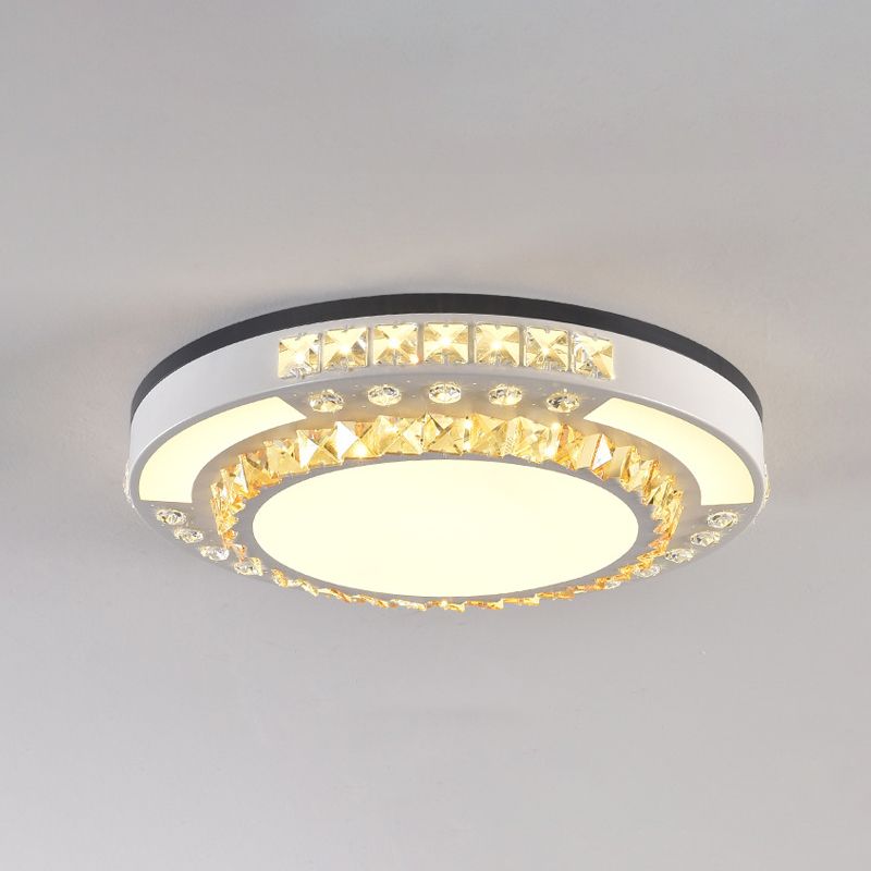 LED Flush Mount Lamp Modern Circular Clear Crystal Block Ceiling Mount in White for Living Room