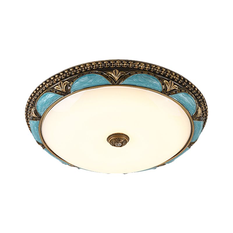 Lámpara de techo con diseño floral azul, accesorio de montaje empotrado LED de cristal crema de estilo antiguo para dormitorio, 13 "/ 16"/19,5 "de ancho