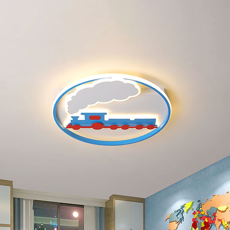 Train Flush Mount Ceiling Light Kids Acrylic LED Boys Bedroom Flushmount Lighting in Blue, 16"/19.5" Width