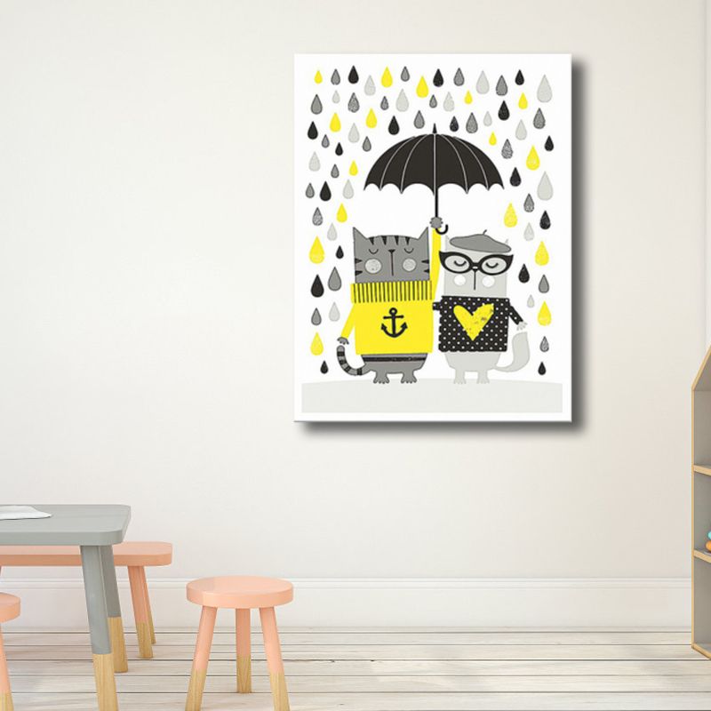 Cats with Umbrella Wall Art Print Kids Style Funny Animal Canvas in Grey for Bedroom
