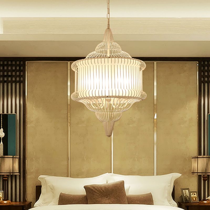 5-Bulb Larger Cage Lantern Pendant Farmhouse Black/Red/White Metal Suspension Lighting Fixture over Dining Table