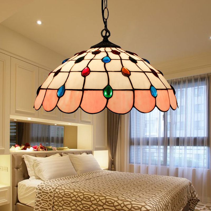 Single Head Dome Hanging Pendant Tiffany Pink/Light Blue/Green Hand Rolled Art Glass Ceiling Light for Bedroom