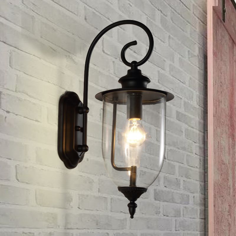 Urn Shade Clear Glass Wall Mounted Lamp Industrial Single Bulb Outdoor Sconce Light with Curved Arm