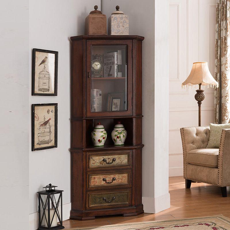 Industrial Corner Accent Cabinet Distressed Finish Fretwork Accent Cabinet