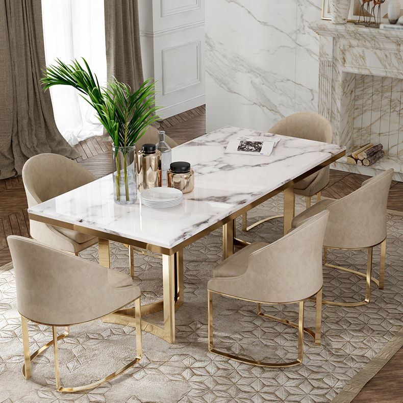Luxury Sintered Stone Top Kitchen Table Rectangle Table with Gold Double Pedestal