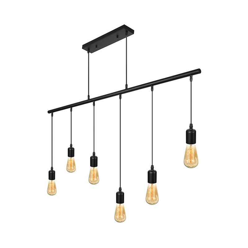 Multi Light Linear Island Ceiling Light with Open Bulb Vintage Industrial Black Metal Pendant Lighting