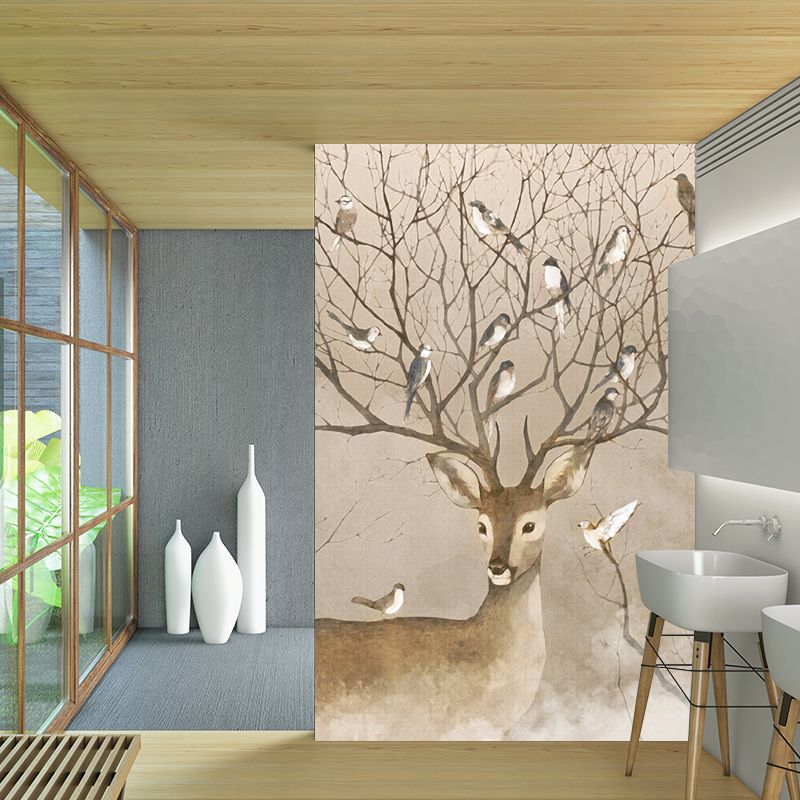 Large Animal Murals for Home Deer with Bird Patterned Wall Art in Brown, Waterproof