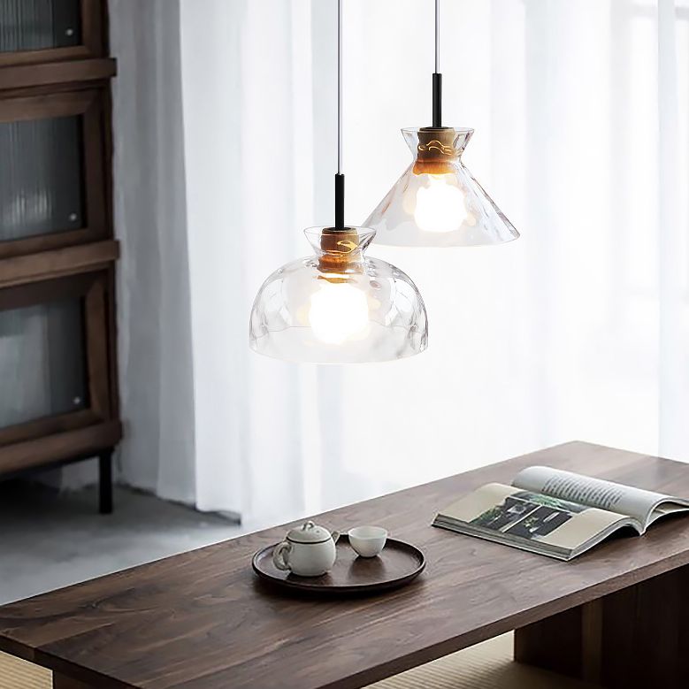Clear Rippled Glass Shaded Pendant Nordic 1 Head Wood Suspension Light for Dining Room