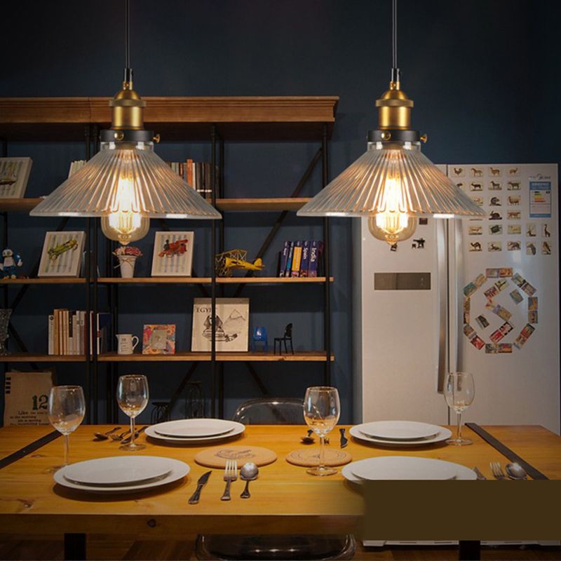 Messing afwerking 1-licht hanger industrieel helder geribbeld glas conisch druppellicht voor bar