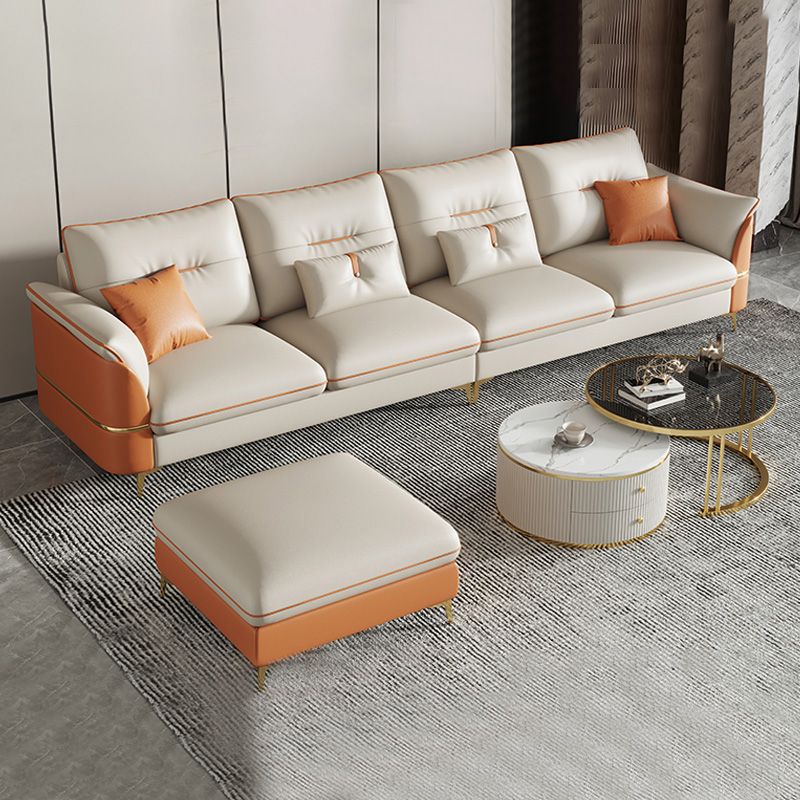 Beige Genuine Leather Pillow Top Arm Sofa/Sectionals With Cushions Metal Legs