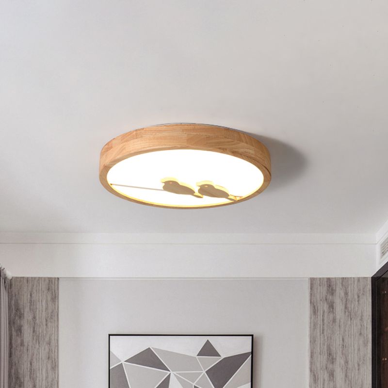 Tambour Acrylique Ceiling montés à ébullition moderne Poussée à bois clair Fixture avec motif d'oiseau