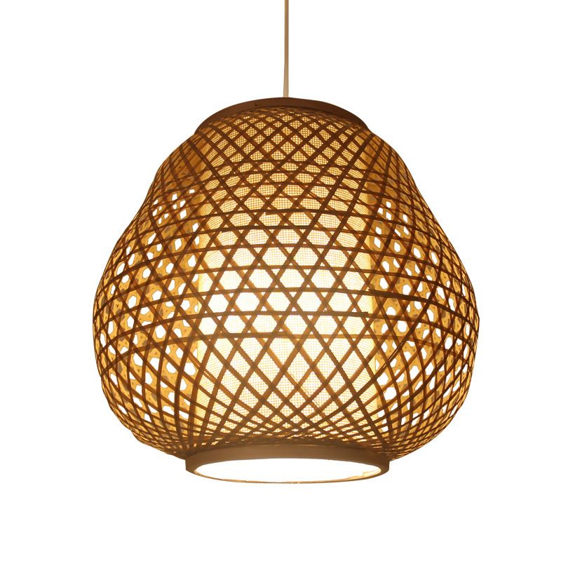 Asian 1 Bulb Pendant Lighting Beige Teardrop Hanging Ceiling Light with Bamboo Shade