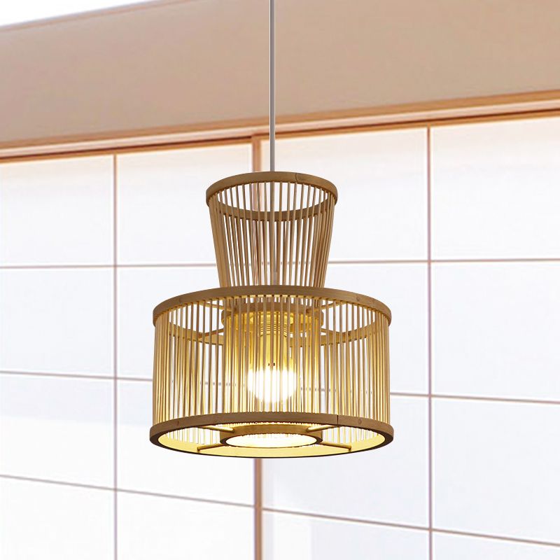 2-Tier Drum Hanging Light Countryside Bamboo 1 Light Beige Pendant Ceiling Light for Bedroom