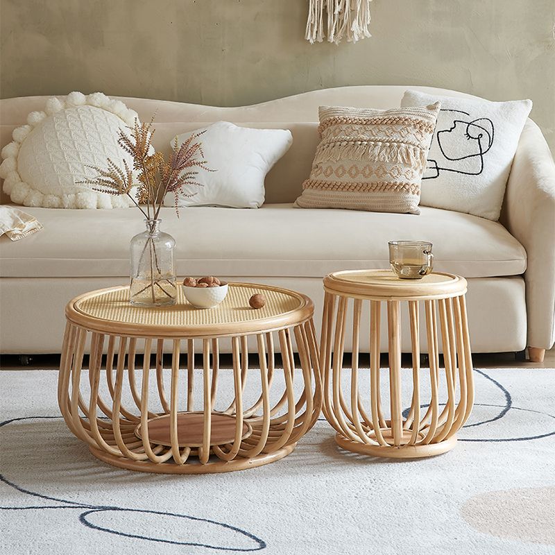 Asian Drum End Table Round Rattan Accent Side Table with Storage