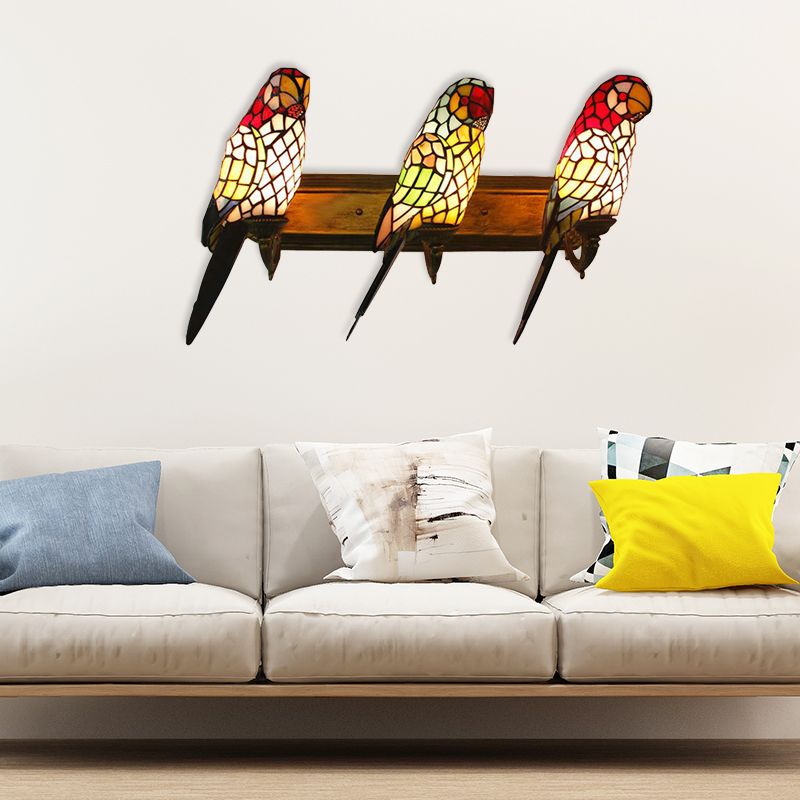 3 Lights Parrot Shaped Wall Lighting Rustic Lodge Stained Glass Sconce Light for Living Room