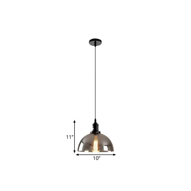 Dome Pendant Lighting Industrial 1 Light 10"/12" Wide Smoked Glass Hanging Lamp in Black