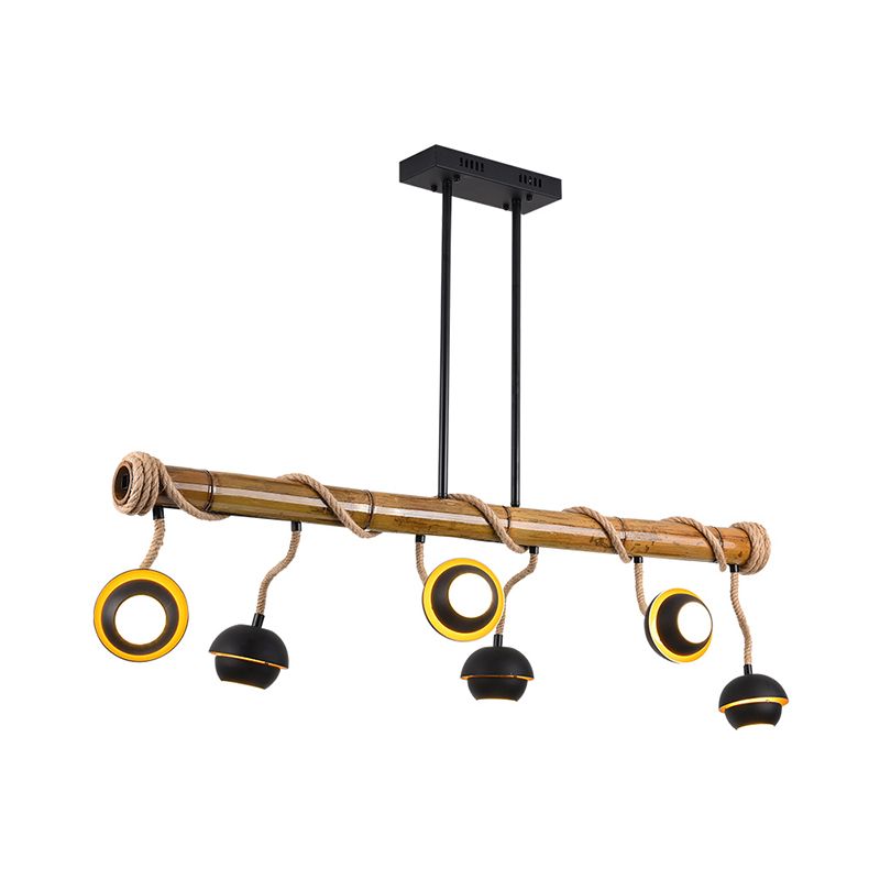 Industrial Linear Island Chandelier 2/3/6 Bulbs Iron Pendant Lamp in Black with Bamboo Tube and Rope, Warm/White Light