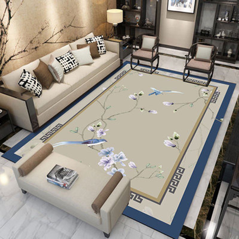 Tapis d'intérieur Oriental de couleur claire, en Polyester, imprimé de branches d'encre, facile d'entretien, pour la décoration de la maison