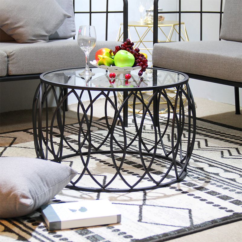 Glass Top Coffee Table Round Shape Frame Base Cocktail Table