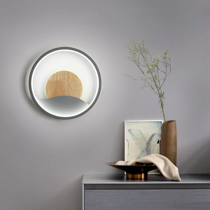Iron and Wood Modern Wall Mount Round LED in White / Grey Wall Light